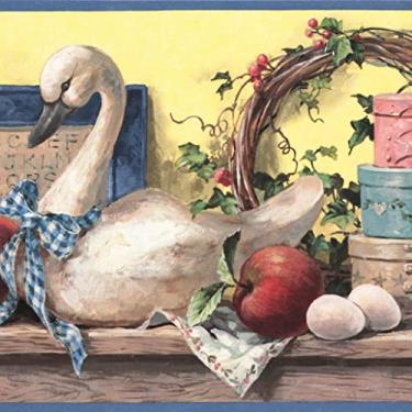 Imagem de CONCORD WALLCOVERINGS ™ Borda de papel de parede cestas de flores padrão vintage maçãs cisne na prateleira de madeira para cozinha, área de jantar, casa de campo, casa de campo, amarelo, marrom, azul,
