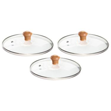 Imagem de Kit 1 Á 6 Tampas De Vidro Temperado 12 Cm Para Panelas E Frigideiras Puxador de Plástico ou Madeira (Pomel de madeira, 3)