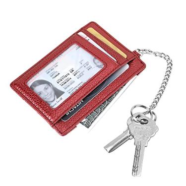 Imagem de Carteira feminina e masculina de couro legítimo com bloqueio de RFID, fina, minimalista para bolso frontal com chaveiro, Minimalista, Vermelho escuro
