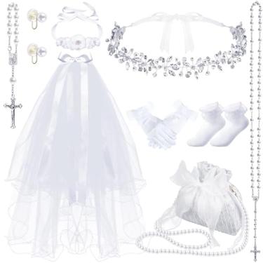 Imagem de Quelay Conjunto de 9 peças de véu de primeira comunhão para meninas, inclui véu com pente de cabelo, coroa de strass, bolsa de pérolas, cinto de flores, rosário, colar, pulseira, luvas brancas, meias