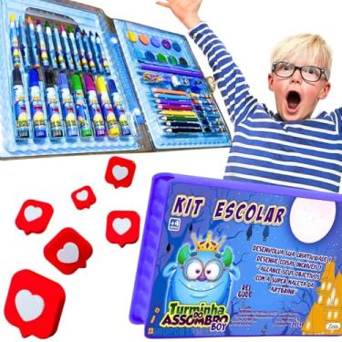 Imagem de Kit Material Escolar Infantil Lapis de cor Canetinhas Borracha Regua Apontador Giz de cera tinta pincel Presente Menino Menina Dia das Criança 5 anos Volta as aulas (Azul)