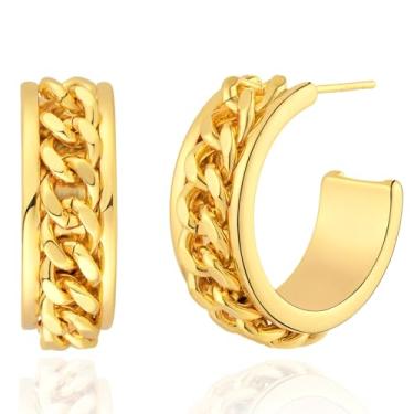 Imagem de BENEIGE Brincos de argola femininos de argola aberta em forma de C banhado a ouro 14 K Boho praia simples delicado feito à mão hipoalergênico diário joias, Latão, Sem pedra preciosa