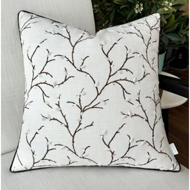 Imagem de VAGMINE Hand Crafted Embroidered Linen Square Decorative Accent Throw Pillow Cover - for Master Bedroom, New Home, Anniversary, Farmhouse, Couch, Sofa - Pussy Willow-Ivory, 20x20 Inches