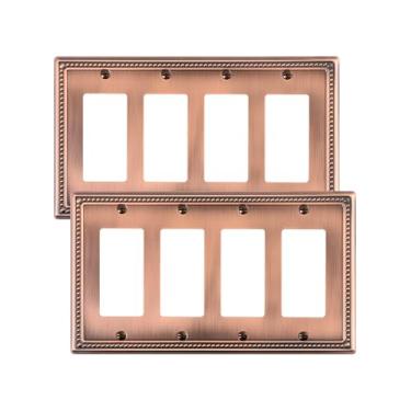 Imagem de TREEWELL Pacote com 2 placas decoradoras quádruplas, placas decorativas de cobre antigas e tampas de tomada, placas de parede de metal para tomadas elétricas, receptáculo, tomada GFCI, interruptor de