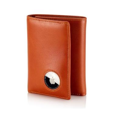 Imagem de Stealth Mode Carteira masculina com bloqueio de RFID com suporte para Airtag – dobra tripla com 9 compartimentos para cartão de crédito, janela para identidade, compatível com Apple Air, couro Napa,