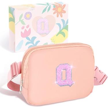 Imagem de COSHAYSOO Pochete de cintura pequena com faixa ajustável com inicial de letra remendo alça ajustável para mulheres adolescentes correndo viajando academia caminhadas, mini bolsa transversal de viagem transversal transversal bolsa moderna, rosa, Small, Q