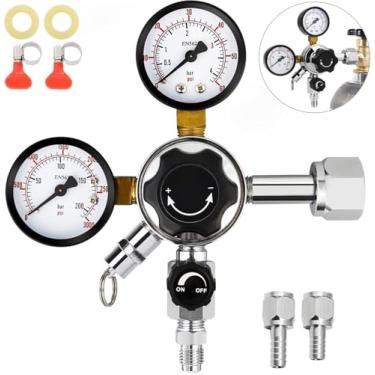 Imagem de Regulador de barril CGA-320, regulador Kegerator de CO2 com válvula de alívio de pressão manual de segurança, com 2 porcas giratórias e farpa de 1/10.2 cm e 5/40.6 cm