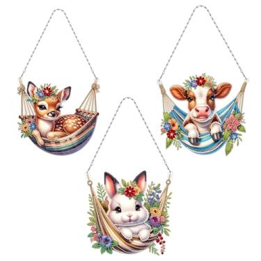 Imagem de MaiYiYi Kit de pintura com pingente de arte de diamante para pendurar, 3 peças, ornamentos de arte de gado, diamante, coelho, diamante, ornamentos, pintura de veados, ornamentos para decoração de