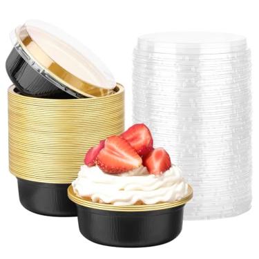 Imagem de Beasea Ramequins descartáveis com tampas, pacote com 50, 250 ml, 260 ml, copos de alumínio descartáveis de 10 cm redondos para cupcake mini pudim para festa - ouro preto