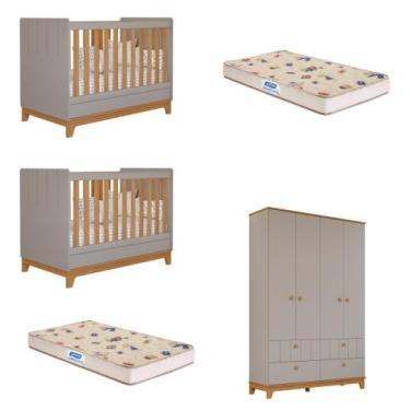 Imagem de Quarto Bebê Gêmeos 2 Berço Mini Cama Guarda Roupa Liza Permobili e 2 C