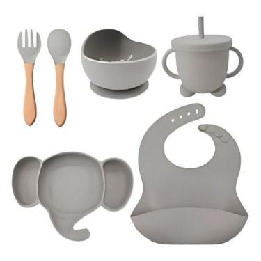 Imagem de Kit Alimentação Bebê Silicone Prato Copo Talher Babador Pote - Kadê, C