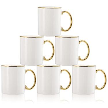 Imagem de Fasmov Pacote com 6 canecas de café, conjunto de canecas de cerâmica de 325 ml, copos de cerâmica para café, latte, cappuccino, chá, cacau, cereal, chocolate quente, lavável na lava-louças, branco/dourado