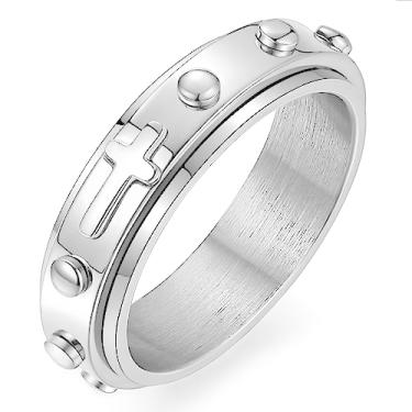 Imagem de Adreamz Anel giratório de 6 mm para alívio da ansiedade com contas de rosário cruz oração prata / preto/ouro/ouro rosa anel de aço inoxidável, 10.5 mm, Metal, Sem pedra preciosa