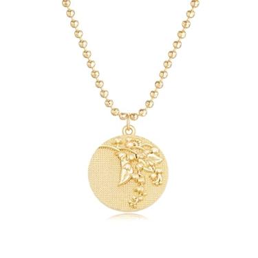 Imagem de MYEARS Colares femininos de moedas de ouro para o mês de nascimento, buquê de flor, pingente de medalha redonda gravado, floral, banhado a ouro 14 K, combinando, joias personalizadas, aniversário