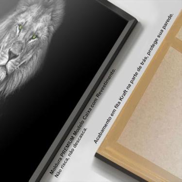 Imagem de Quadro Decorativo com Moldura Sala 90x60 Leão Preto e Branco Olho Verde Luxo Grande Horizontal