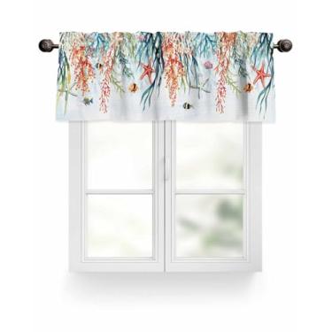 Imagem de Cortina de verão oceano cozinha sanefa coral algas marinhas estrela do mar sanefas para janelas filtragem de luz cortinas curtas bolso haste tratamento de janela para quarto sala de estar 106,7 cm L x