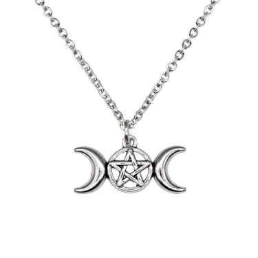 Imagem de Colar Triluna Pingente Pequeno Hécate Símbolo com Pentagrama Corrente de Aço Inoxidável