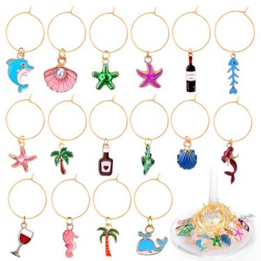 Imagem de AIERSA Amuletos de taça de vinho para taças de haste, 16 peças de marcadores de bebida do oceano, etiquetas de identificação de vidro engraçadas com anéis dourados para decorações de festa de verão na