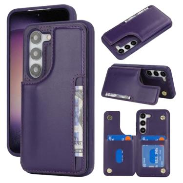 Imagem de iCoverCase Capa compatível com Samsung Galaxy S23 com porta-cartão, capa carteira S23 para mulheres e homens [bloqueio RFID] capa protetora de couro PU para S23 5G (roxo escuro)