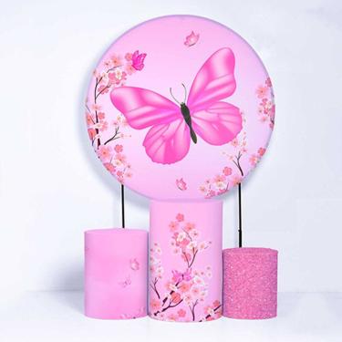 Imagem de Kit Painel de Festa Redondo de 1,50m e Trio de Cilindros Borboletas - Fera Print