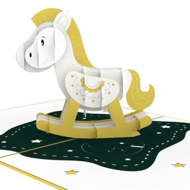 Imagem de iGifts And Cards Cartão pop-up de cavalo de balanço amarelo – 12,7 cm x 17,8 cm Presente de recém-nascido neutro de gênero 3D, chá de bebê, batizado, primeiro aniversário – Lembrança de saudação de