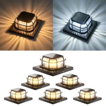Imagem de TopVelo Poste solar 6 pacotes, tampas de poste de deck solar com 2 modos de luz, luzes brilhantes de poste de cerca de 16 LEDs decoram deck, pátio, varanda, cerca, serve para postes de vinil/madeira