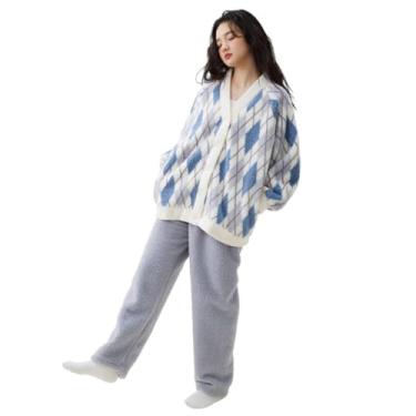 Imagem de LVTFCO Cardigã feminino pijama espesso lindo terno de veludo loungewear doce outono e inverno coral veludo conjunto de 2 peças, azul-G