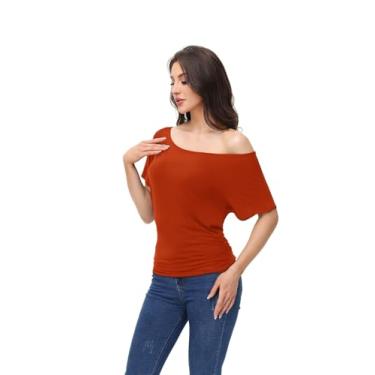 Imagem de Camisetas femininas grandes franzidas casuais Dolman camisas de manga curta gola canoa verão ombro de fora morcego camiseta regular e plus size com franzido lateral (pequeno-4GG), Ferrugem, XGG