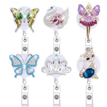 Imagem de Abamilaka 6 peças porta-crachá de enfermeira retrátil com glitter fofo libélula ganso rosa raposa coroa clipe de crachá de cristal de enfermagem estudante assistente social médico CNA RN acessórios
