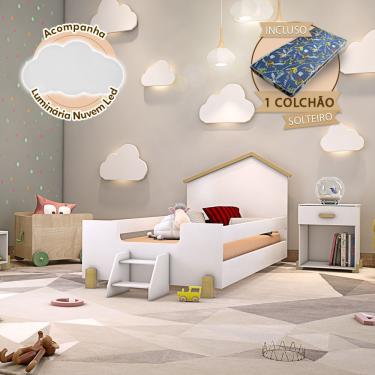 Imagem de Cama Infantil Com Colchão E Escadinha Solteiro Ayla Branca E Natural + Luminária Led Branco