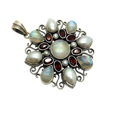 Imagem de Pingente Mandala Com Rubi Indiano e Pedra Da Lua Prata 925