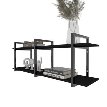 Imagem de Prateleira Industrial Sala Estar Estante Nicho Parede Ferro Madeira Suporte Preto