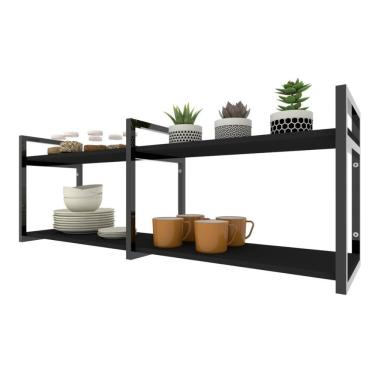 Imagem de Prateleira Industrial Nichos Cozinha Preto Suporte Industrial Suspensa Ferro Madeirasimples