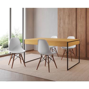 Imagem de Mesa Jantar Industrial Retangular Filadélfia Canela 137X90Cm Base Ferro Preto Com 4 Cadeiras Brancas