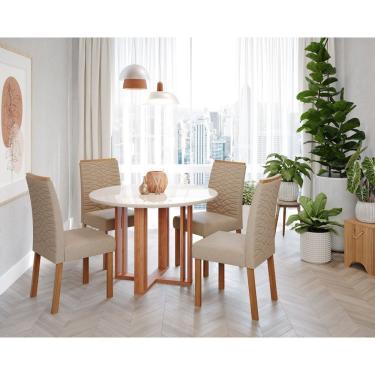 Imagem de Sala De Jantar Flora Redonda Com Vidro Com 4 Cadeiras Clarice Wood Cinamomo/off White/mad/bege