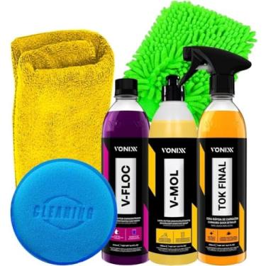 Imagem de Kit Para Lavagem Automotiva Vonixx Shampoo V-FLoc Tira Barro V-Mol Cera Tok Final Luva Tentáculo Aplicador Toalha