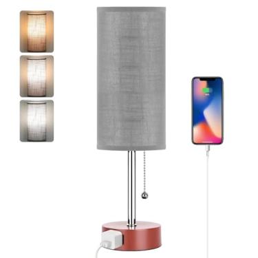 Imagem de Dott Arts Luminária De Mesa Para Quarto, Abajur Cabeceira 3 Cores Com Corrente Puxar, Tomada Ca Sala Estar Pequena, Lâmpada Incluída, Cinza Listrado