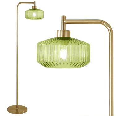 Imagem de NanFeng Luminária De Chão Vidro Para Sala Estar, Pé Moderna Meados Do Século Em Latão Com Abajur Verde Nervuras E Pedal, Luminárias Altas Douradas Vintage Quarto Estudo, Escovado
