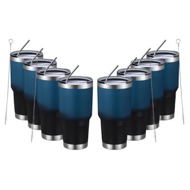 Imagem de MEWAY Copo isolado de 850 g com tampas e canudos, copo de café a vácuo duplo de aço inoxidável, escova, copo de café durável revestido em pó para bebidas frias e quentes (azul e preto, pacote com 8)