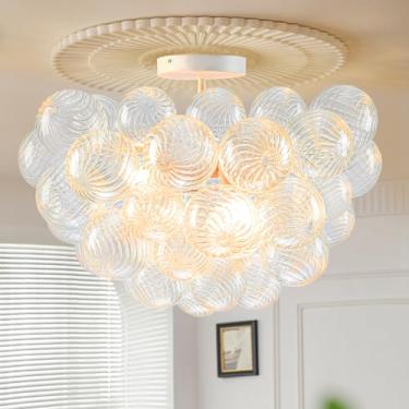 Imagem de Longree Lustre De Vidro Bubble Ball Com Acabamento Branco E Transparente Soprado, Semi-Embutido, Luminária Teto 20" Diâmetro, Pequeno Conjunto Luzes Pendentes Para Quarto, Mesa Jantar Entrada