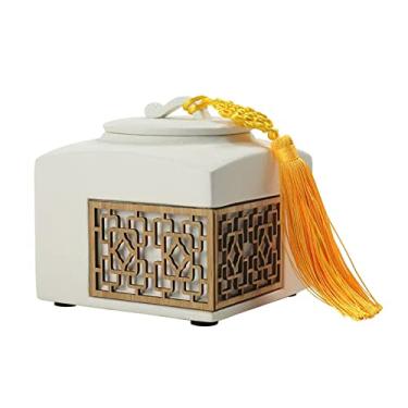 Imagem de Lata de chá Lata de chá de cerâmica quadrada branca Lata de cerâmica selada retrô Lata de chá avulso com borla de nó chinês amarelo Armazenamento de chá Caixa de chá Vasilha de chá para frutas secas E