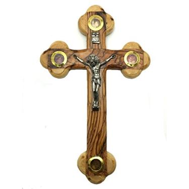 Imagem de Crucifixo de cruz de madeira de oliveira com relíquias sagradas da Terra Santa (18 cm)