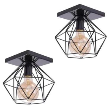 Imagem de Kit 02 Lustre Luminária Plafon Quadrado Diamante Aramado (Preto) Luxo Moderno Pendente Retrô
