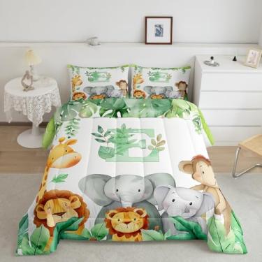 Imagem de jejeloiu Conjunto de cama para crianças, presente personalizado, tamanho solteiro, estampa de leão elefante animal selvagem, edredom com letra E, monograma, decoração de quarto de animais zoológicos