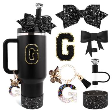 Imagem de Lingdeer Conjunto de acessórios de copo preto para Stanley 850 g e copo de 1,134 g com alça, pingentes de letras, capas de canudo de arco e diamante, bota de silicone com glitter, adesivo