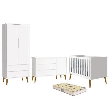 Imagem de Dormitório Infantil Theo Retrô 2 Portas, Cômoda 1 Porta, Berço com Pés Amadeirado e Colchão D18 - Reller Móveis Branco Fosco