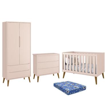 Imagem de Dormitório Infantil Theo Retrô 2 Portas, Cômoda, Berço com Pés Amadeirado e Colchão - Reller Móveis Rosa Fosco