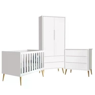 Imagem de Quarto Infantil Theo 2 Portas Branco Fosco Com Pés Madeira Natural Reller Móveis Branco...