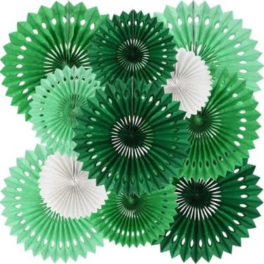 Imagem de Kit de leques de papel redondo para decoração de festa verde e branco para decoração de festa com tema de aniversário, chá de bebê, verão, floresta, pano de fundo irlandês de Patrick (11 pacotes)