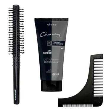 Imagem de Kit Gel Fixador Extra Forte 200g com Escova Cilíndrica Antiestática 12mm Marco Boni e Pente Alinhador de Barba para Barbeiros e Estilo Masculino